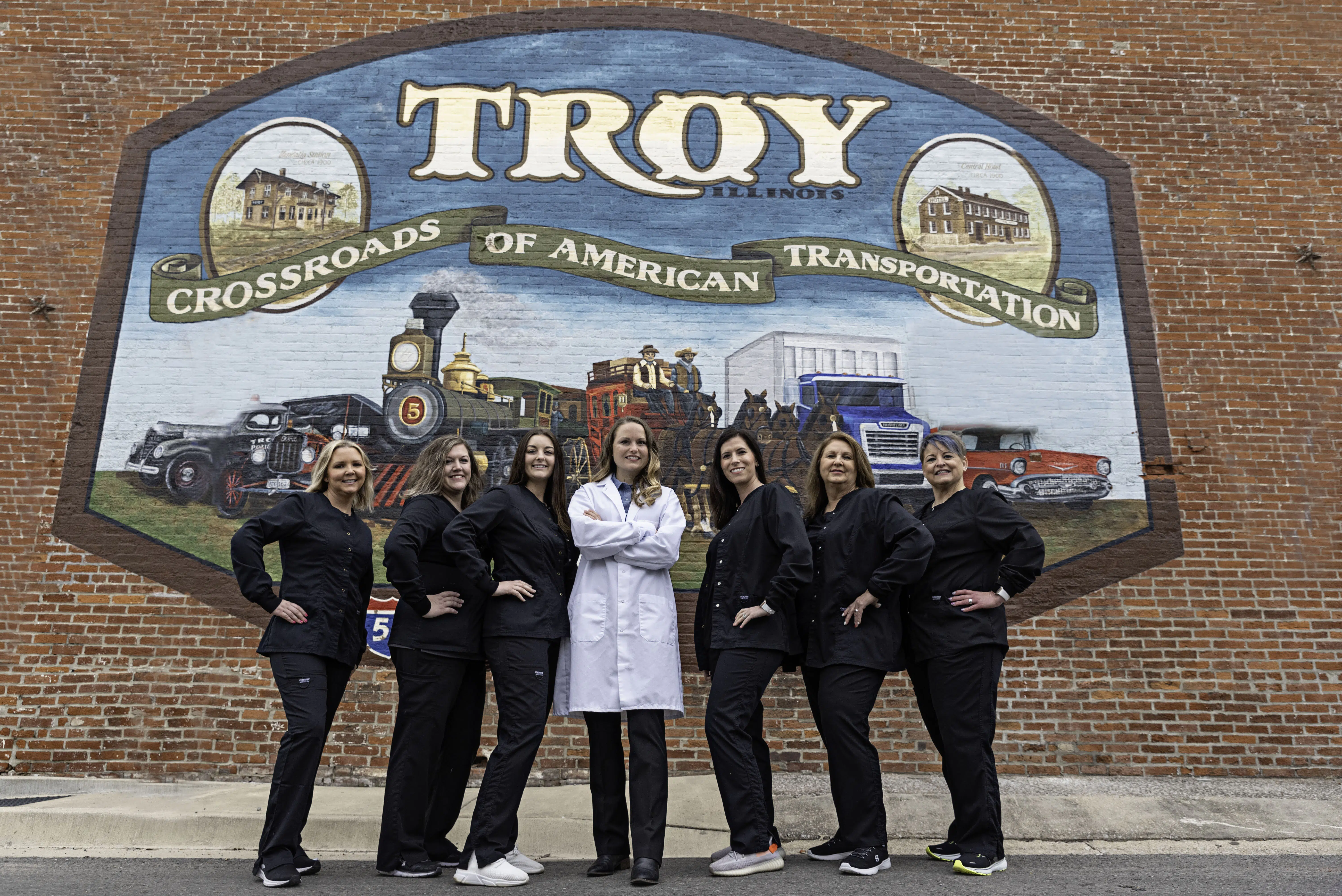 Group picture of our Troy Dental team in front of our dental office, Market Street Family Dentistry.